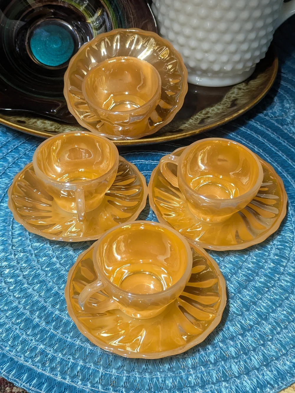 Vintage Peach Luster Glass Cup and Saucer Set - Vibrant Orange Home Dining